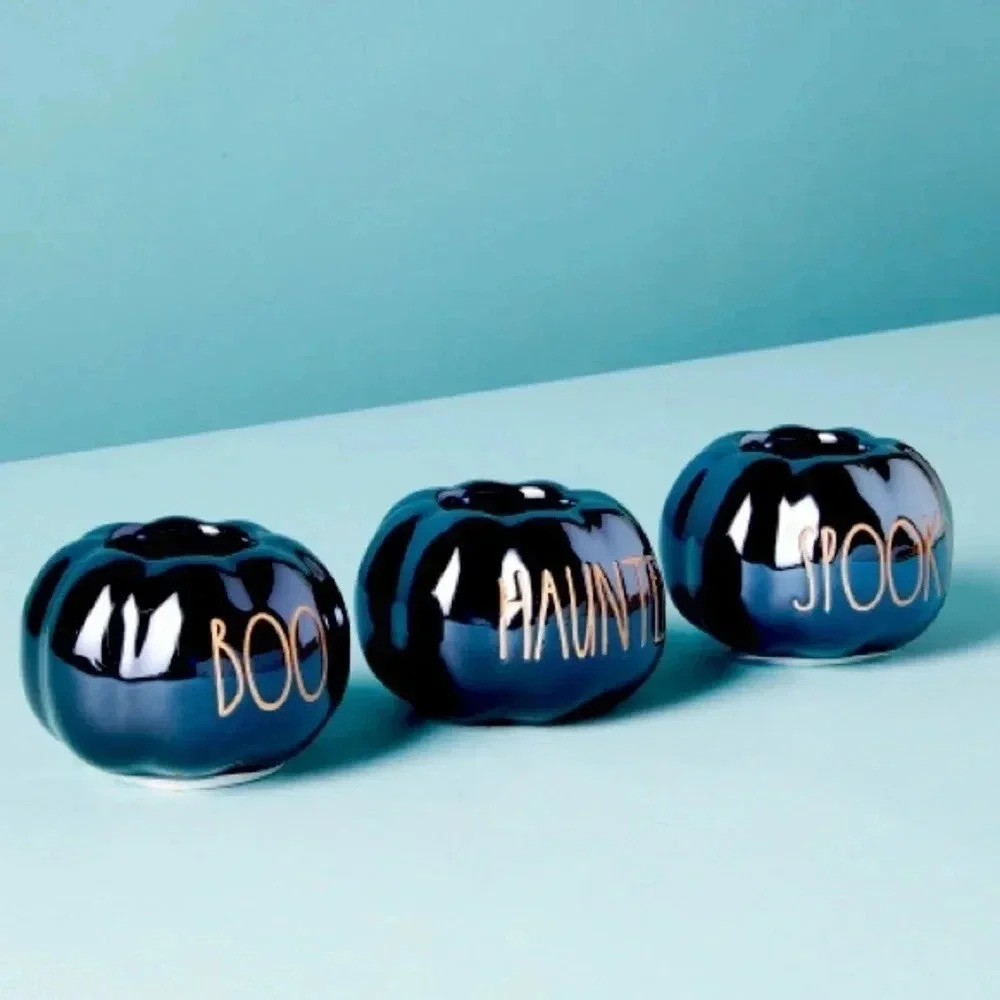 NEW Set of (3) -Rae Dunn BOO/SPOOKY/HAUNTED Fun Pumpkin Shaped Tea Light Holders